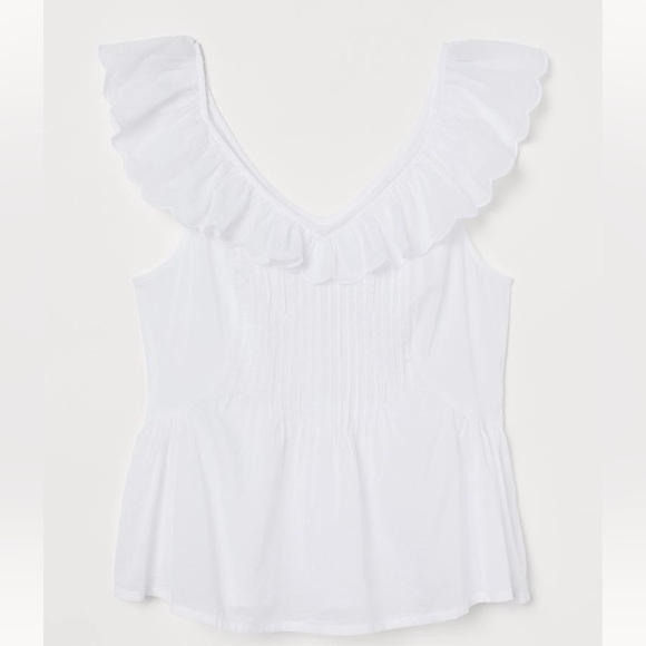 H&M hm White Ruffle trimmed Cotton V Neck Front & Back Peplum Pin-tuck Top XXS - Picture 3 of 7